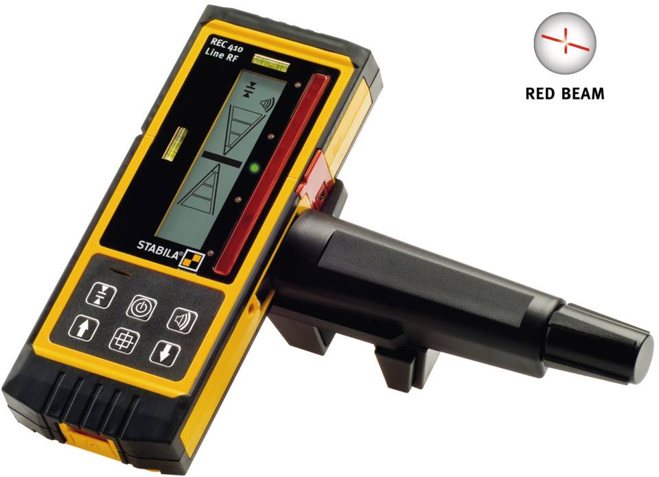Digital laser receiver with display, showing two triangles and a line. 'Red Beam' symbol on the side. Device for precise measurement.