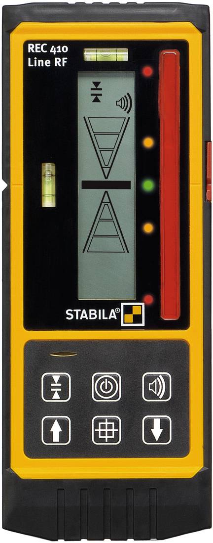 A construction laser receiver with a yellow housing displays vertical and horizontal markings on the screen, with control buttons at the bottom.