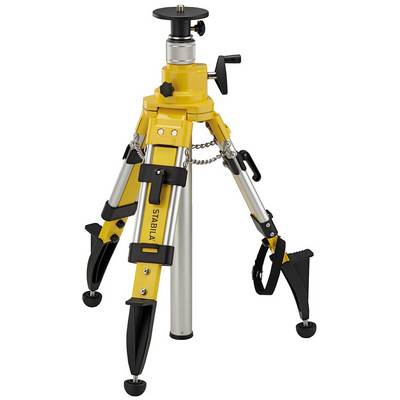 Yellow and silver tripod with adjustable legs and black head, suitable for construction and surveying work.