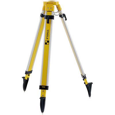 Yellow and silver adjustable three-legged tripod with black foot protection, suitable for surveying equipment, in an upright position.