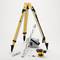 A yellow surveying instrument with a tripod, measuring rod and accessories against a white background, ready for precise levelling.