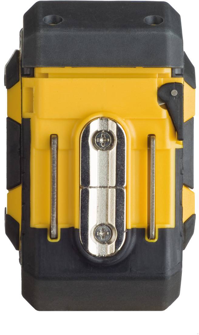 Yellow and black building tool knife with a robust, rectangular shape and silver metal guides in the centre.