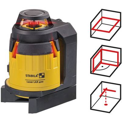 A yellow laser level with red illuminating lines projects horizontal and vertical lines. Diagrams on the right show potential applications.