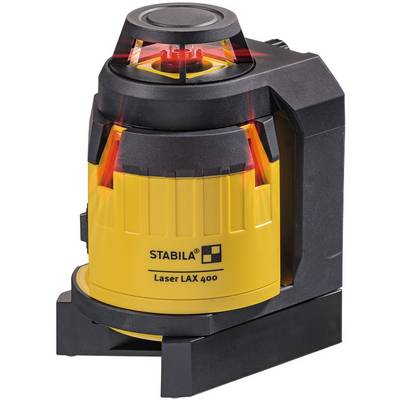 A yellow laser level with a black casing, model 'STABILA Laser LAX 400', projects red laser lines.