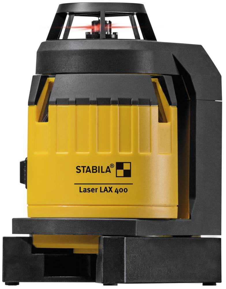 A yellow laser levelling device with the inscription 'Stabila Laser LAX 400' shows red laser lines from three directions.