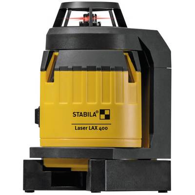A yellow laser levelling device with the inscription 'Stabila Laser LAX 400' shows red laser lines from three directions.