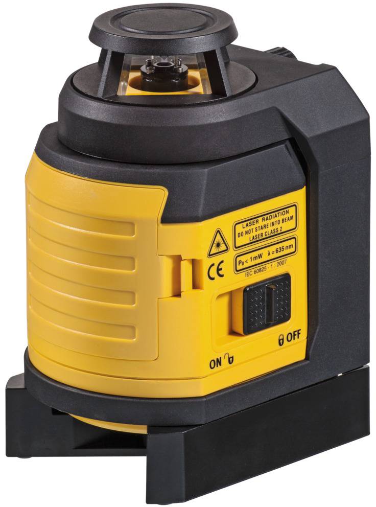 A yellow and black rotational laser for construction work. The laser features controls for switching on/off and laser safety instructions.