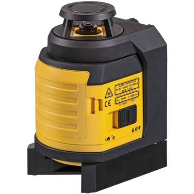 A yellow and black rotational laser for construction work. The laser features controls for switching on/off and laser safety instructions.