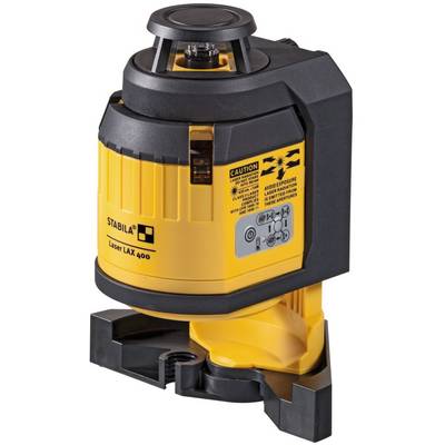 A yellow Stabila Laser LAX 400 with a black casing, designed for precise measurements. Caution stickers warn of laser radiation.
