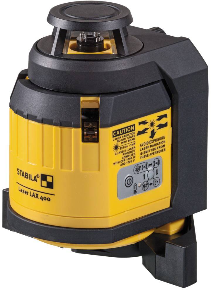 A yellow laser levelling device, marked with 'STABILA Laser LAX 400', contains safety warnings for secure usage.