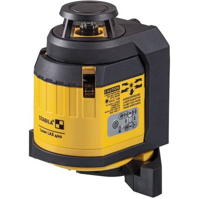 A yellow laser levelling device, marked with 'STABILA Laser LAX 400', contains safety warnings for secure usage.