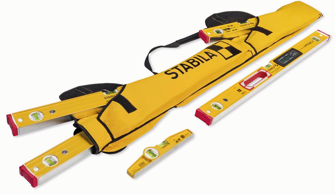Set of spirit levels comprising multiple spirit levels in various sizes, with a yellow carry bag featuring a 'Stabila' print.