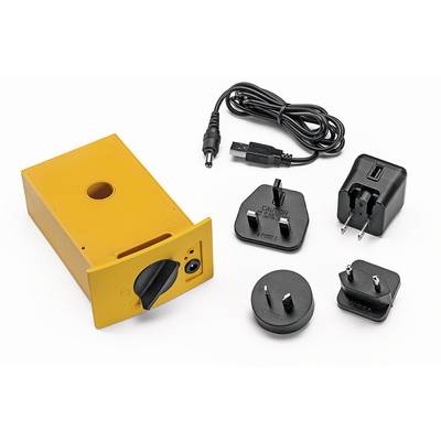 Yellow electronic device with cable, four different plugs and a USB adapter. Suitable for international use.