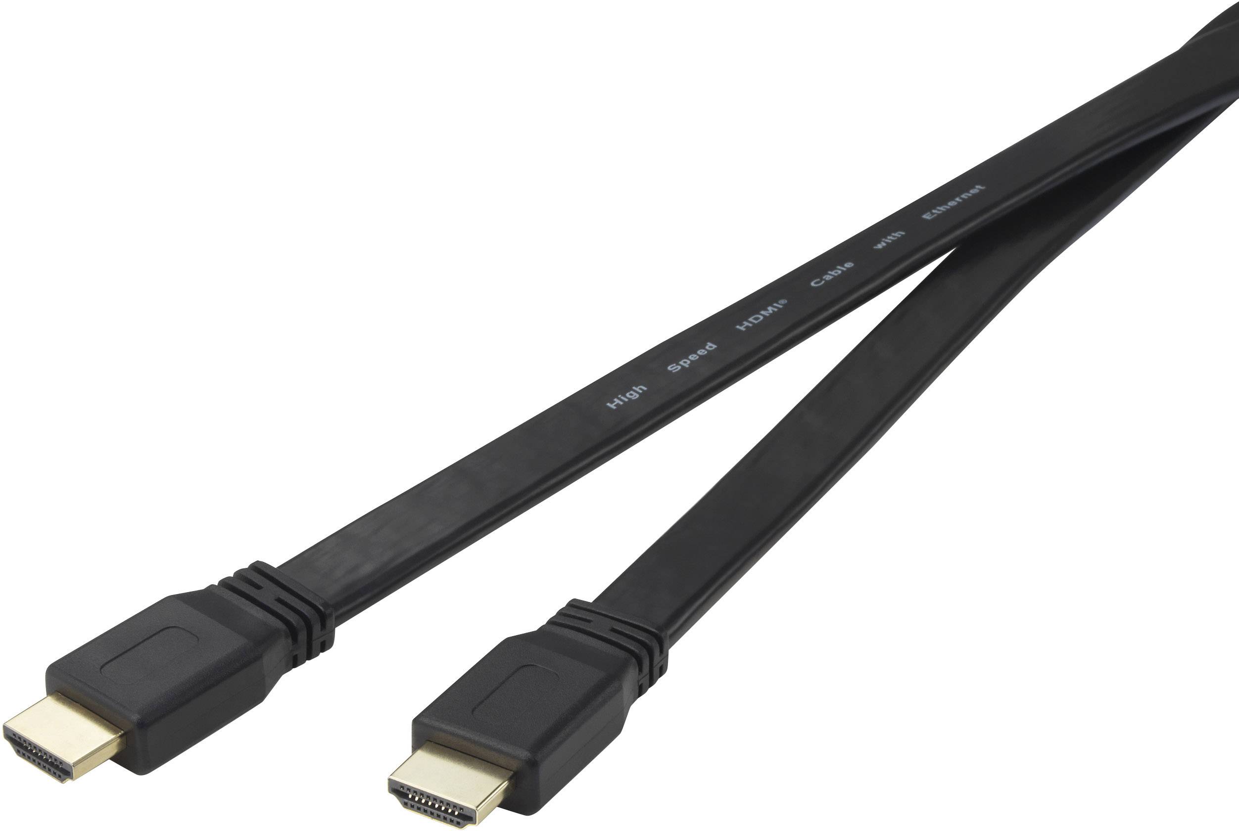 'Flat HDMI cable with two black connectors, suitable for audio and video connections'