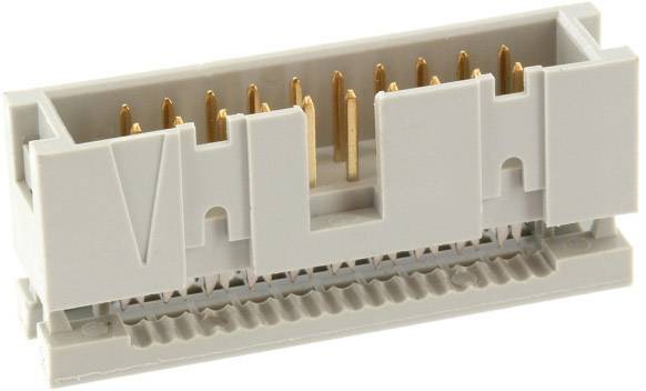 Grey-white, rectangular electrical connector with multiple gold-coloured pins, standing on a flat base.