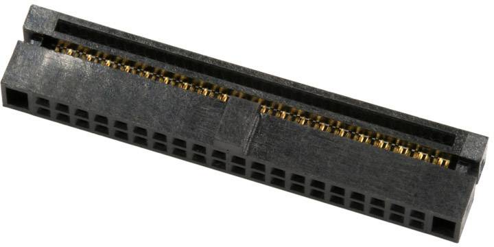 A black printed circuit board connector with multiple pins, used for connecting electronic components on a circuit board.