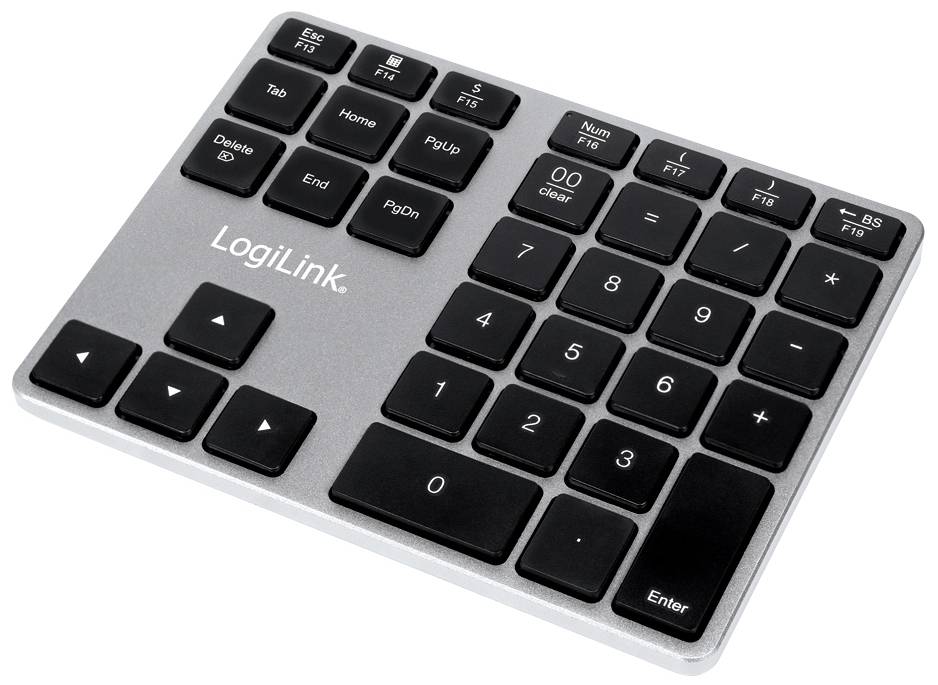 Compact external numeric keypad by LogiLink with evenly distributed black keys on a silver casing.