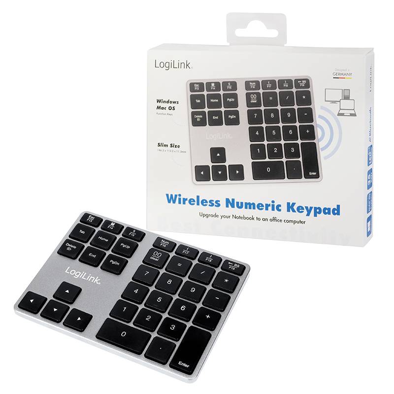 'LogiLink wireless numeric keypad, compatible with Windows and Mac OS. Packaging shows the product image, ideal for laptops.'
