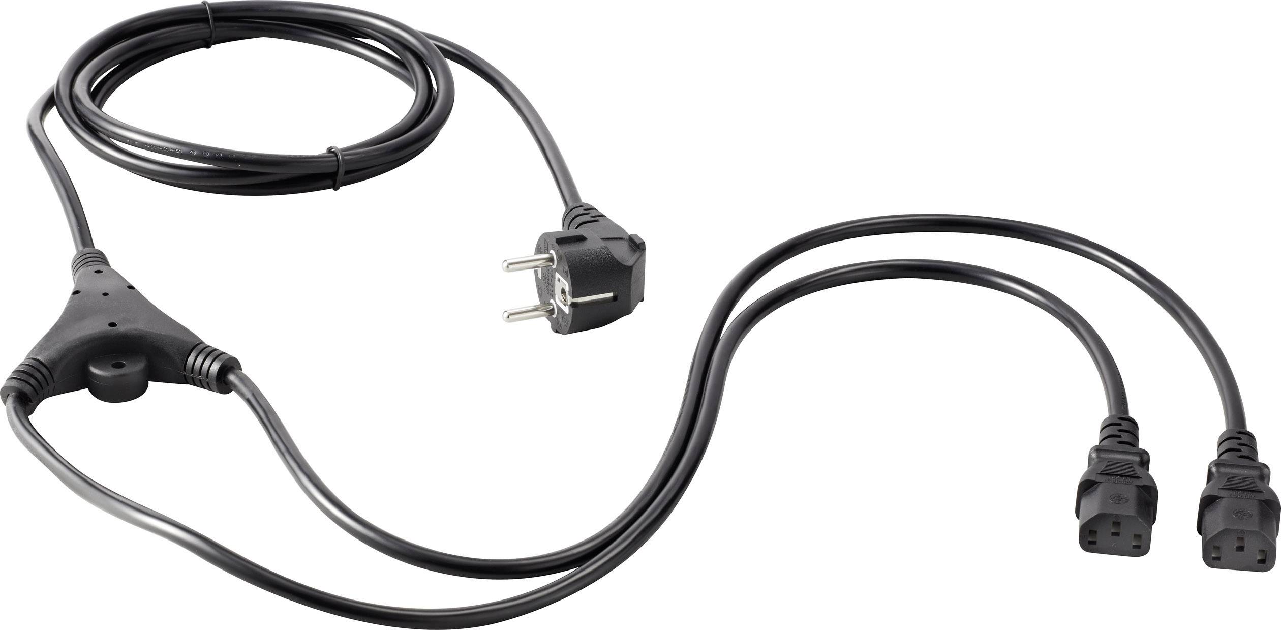 'Black power cable with Schuko plug and two IEC outlets. Suitable for connecting multiple electrical devices to a single power source.'