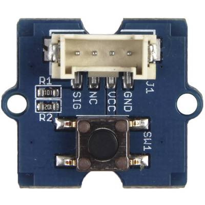 A blue module card close-up reveals a central push button, several resistors, and a plug connection with labels such as VCC and GND.