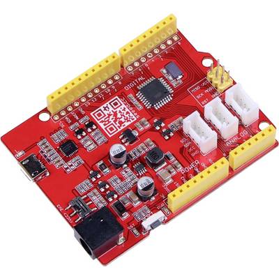 A red printed circuit board with yellow connector strips and white plugs. It contains electronic components such as resistors and capacitors.