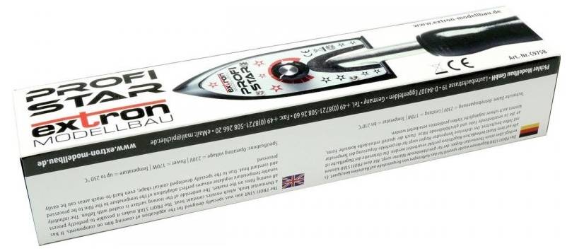 Cardboard packaging of an Extron Model Building Professional Star Tool, with an image of the tool, logos, and technical details on the side.