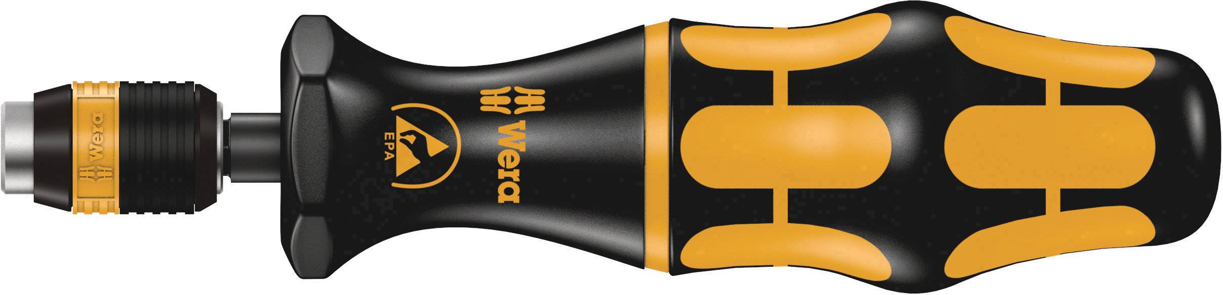 A black and orange screwdriver with an ergonomic handle and interchangeable bit. Brand logo and labelling visible on the handle.