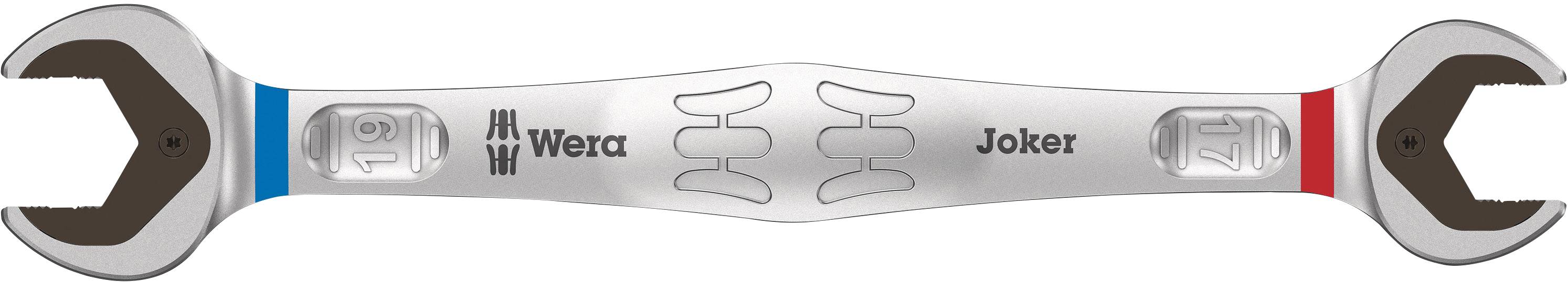 A silver spanner with red and blue marked ends, the inscription 'Wera Joker' centrally positioned and two stylised screws.
