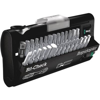 The 'Bit-Check' contains numerous bits in various sizes. The case is black with a 'Rapidaptor' holder and 'Wera' logo.