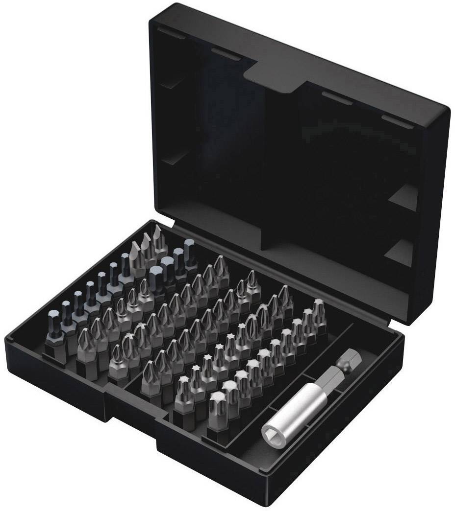 Black case with an open lid, containing various drill bits and a screwdriver attachment, neatly arranged in compartments.