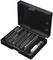 Black case with an open lid, containing various drill bits and a screwdriver attachment, neatly arranged in compartments.