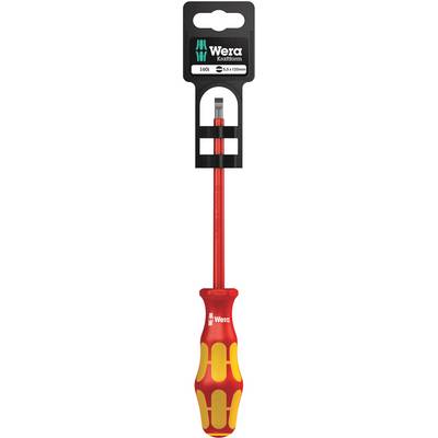 Screwdriver with red and yellow handle, brand 'Wera'. Suitable for slotted screws. Packaging shows '100', size 0.6x3.5x80mm.