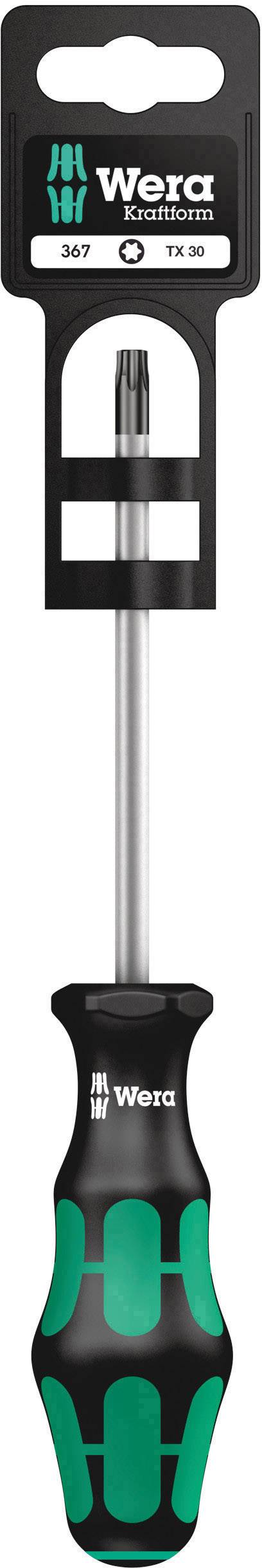Screwdriver with green and black handle and hexagonal blade, Wera brand, model 367. Ideal for Torx screws.