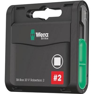 Black Bit Box by Wera with green logo, contains 20 Robertson Bits in size #2. Packaging with carry handle and transparent side window.