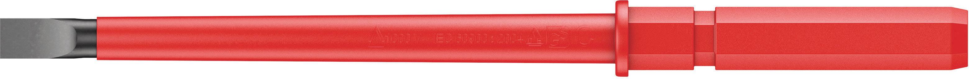 Red voltage tester tip with insulated handle and plastic casing, used for safely checking electrical voltages.