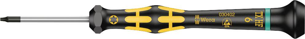'Wera Kraftform' screwdriver with black handle, yellow details and TX6 tip profile. Suitable for precise craftsmanship.