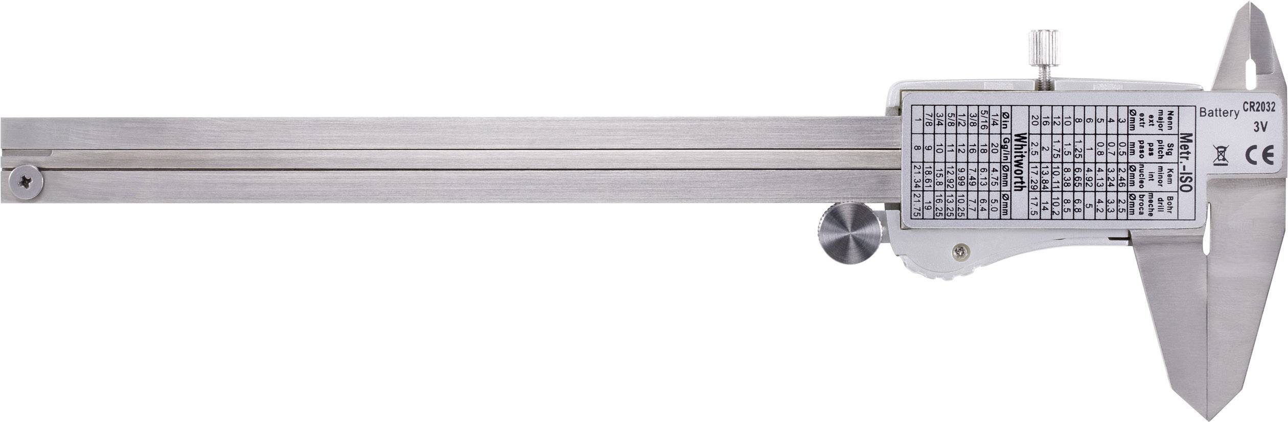 A digital metal vernier calliper with a display window and a scale for precise measurement of lengths or diameters.