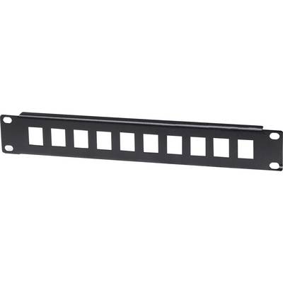 A black patch panel with ten rectangular cut-outs for network connections, mountable on a server rack.