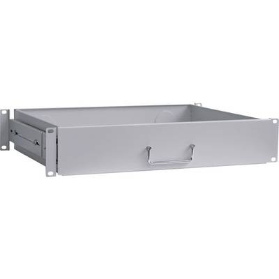 Metal slide-out drawer for rack mounting with a front-mounted handle, suitable for storing equipment or accessories in server environments.