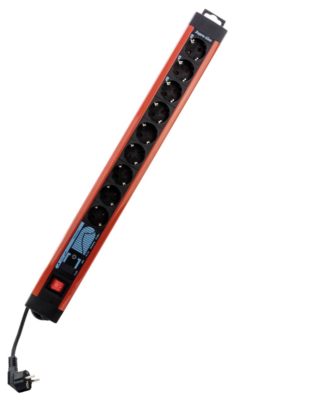 A vertical power strip with eight sockets, red and black design, featuring a power switch and a blue cord coiled around the bottom.