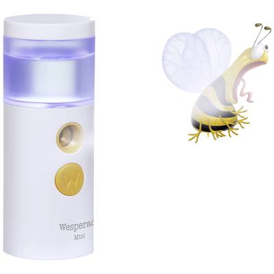 A white, cylindrical device with a purple illuminated ring and two buttons. Beside it, a cartoon-style bee with large, round eyes.
