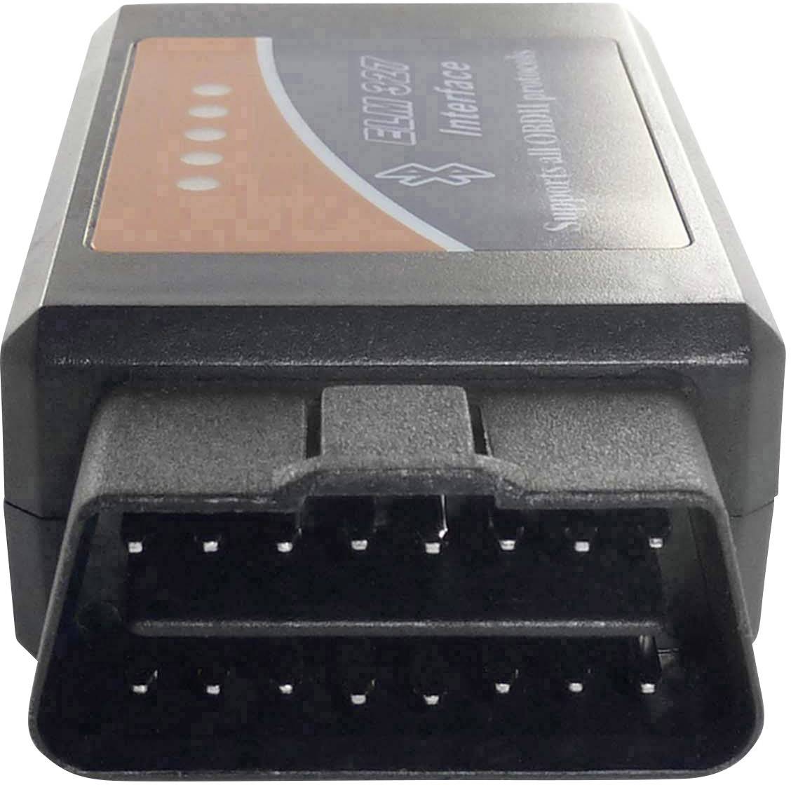 OBD-II diagnostic device with 16-pin connector and orange label. Used for vehicle diagnostics, typically connected to software.