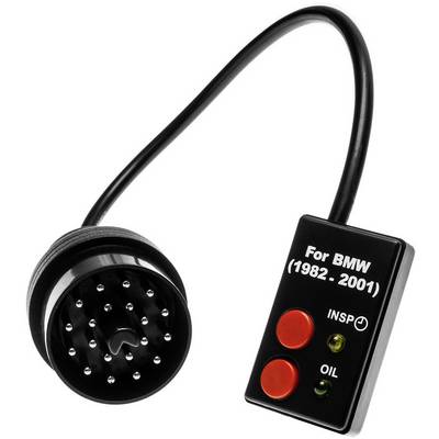 Diagnostic tool for BMW models (1982-2001) with test buttons and indicator lights for 'INSP' and 'OIL'. Thirteen-pin connector attached.