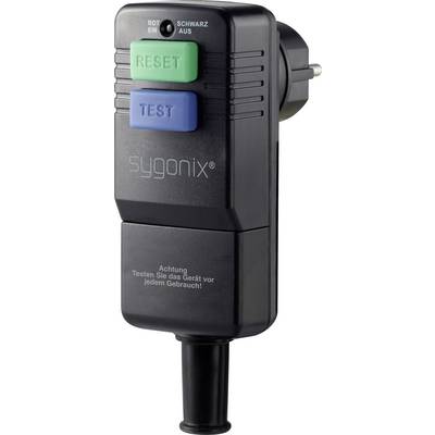 An electronic device with two buttons, 'Reset' and 'Test', and a plug. Text in English: 'Warning: Test the device before each use!'