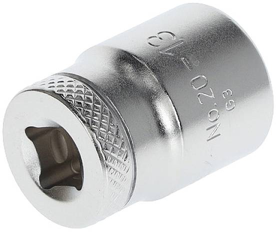 Metal socket with hexagonal opening. Smooth surface with engraved lettering on the side.