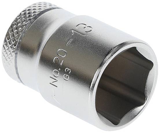 Metal socket adaptor with engraved number and knurled end for improved grip.