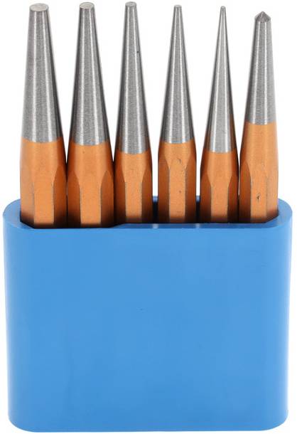 A row of six orange, metallic pens or tools in a blue holder, with pointed ends facing upwards.