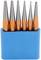 A row of six orange, metallic pens or tools in a blue holder, with pointed ends facing upwards.
