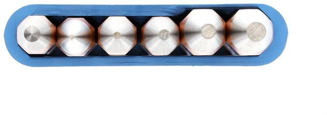 Six pencils, which are shown from above, are placed closely together in a blue holder.