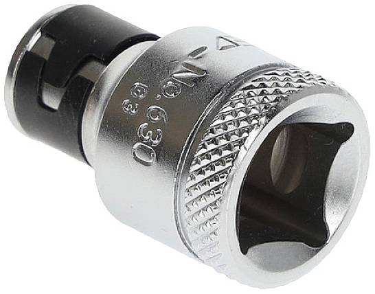 Metal socket key attachment with knurling for better grip, cylindrical shape and square opening for turning screws.